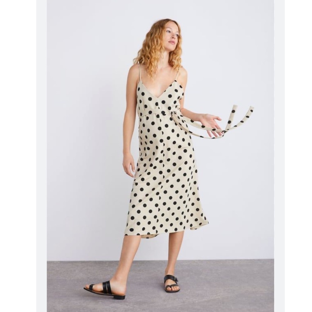 Zara Women's Sleeveless Wrap Polka Dot Midi Dress Black and Tan